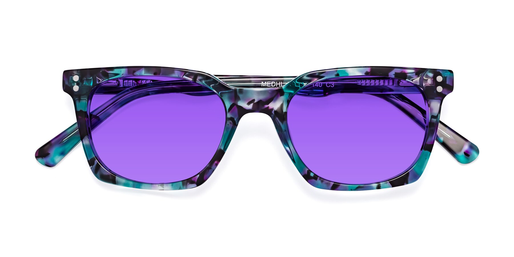 Folded Front of Medhi in Floral Blue with Purple Tinted Lenses