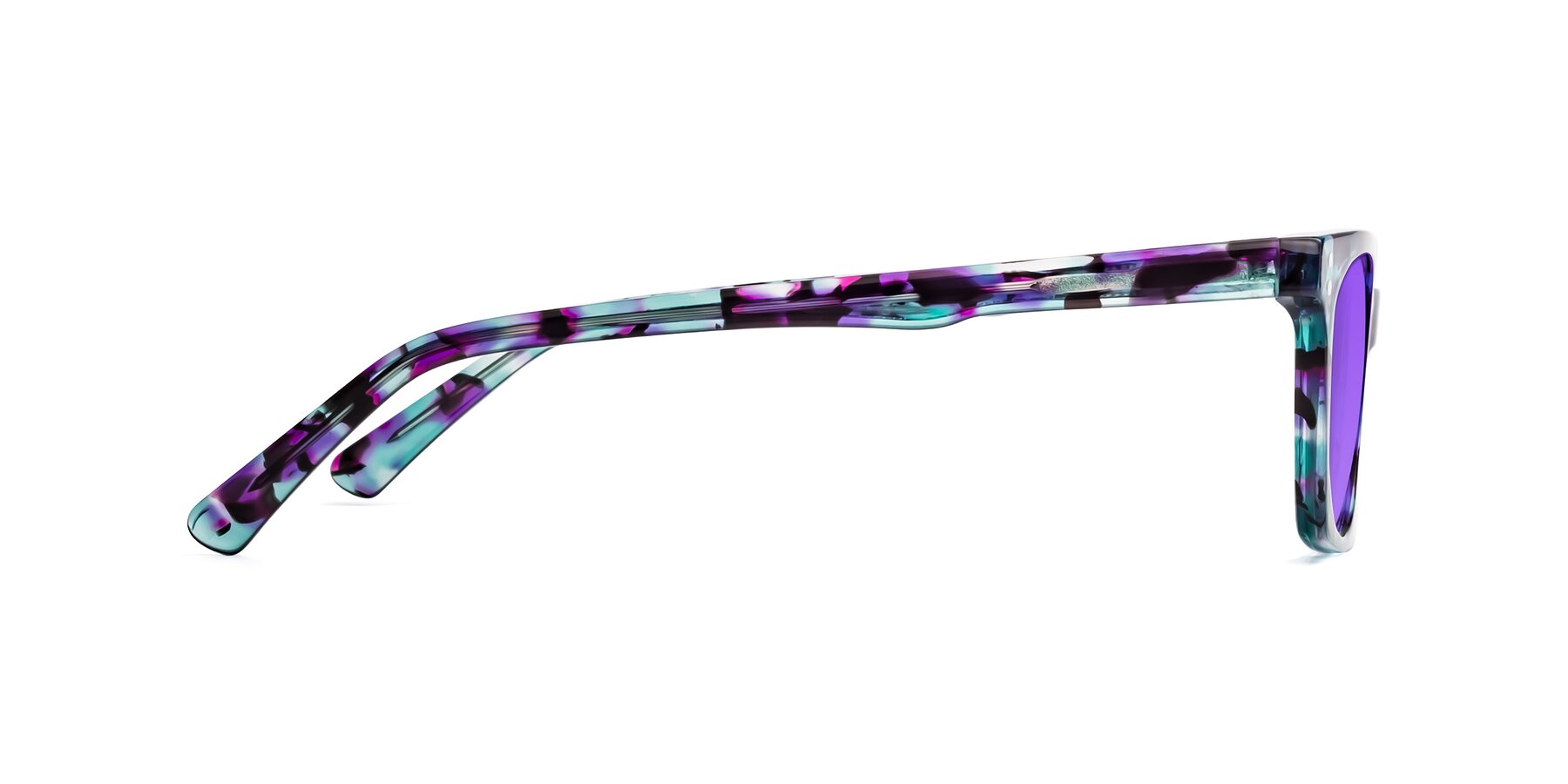 Side of Medhi in Floral Blue with Purple Tinted Lenses