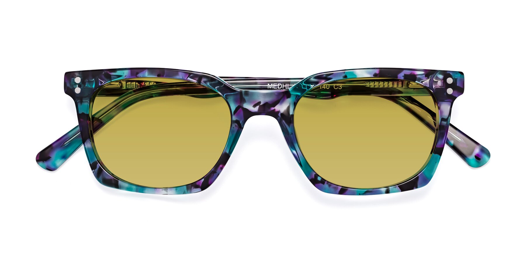 Folded Front of Medhi in Floral Blue with Champagne Tinted Lenses