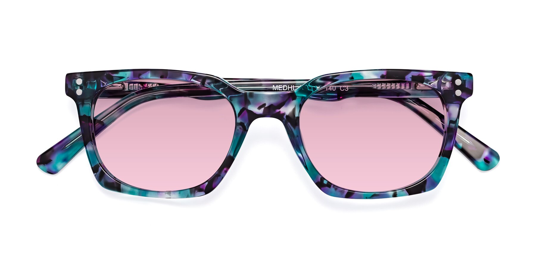 Folded Front of Medhi in Floral Blue with Light Wine Tinted Lenses