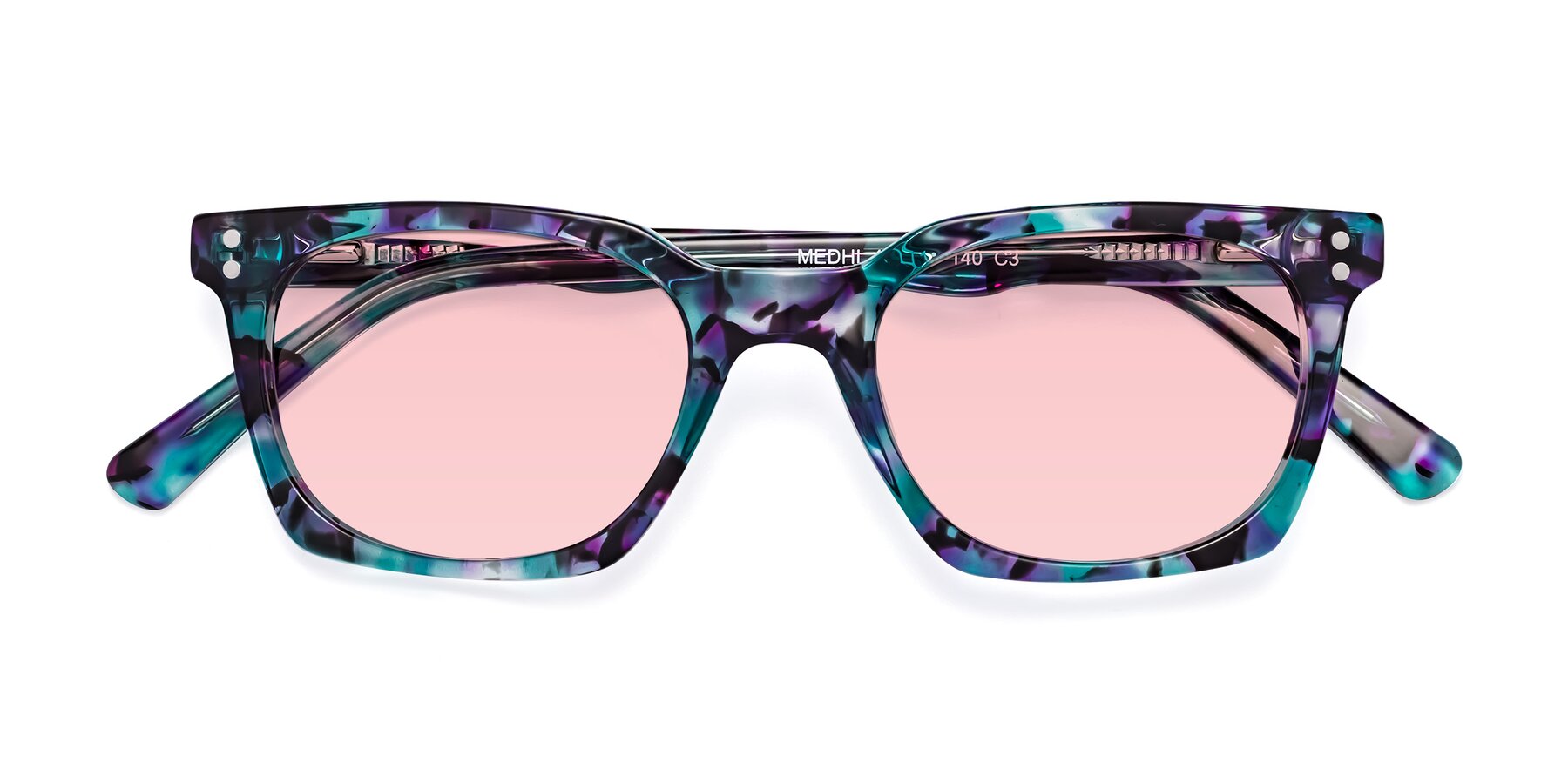 Folded Front of Medhi in Floral Blue with Light Garnet Tinted Lenses