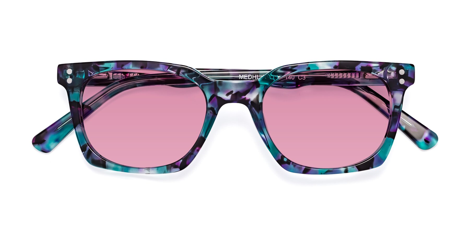 Folded Front of Medhi in Floral Blue with Medium Wine Tinted Lenses