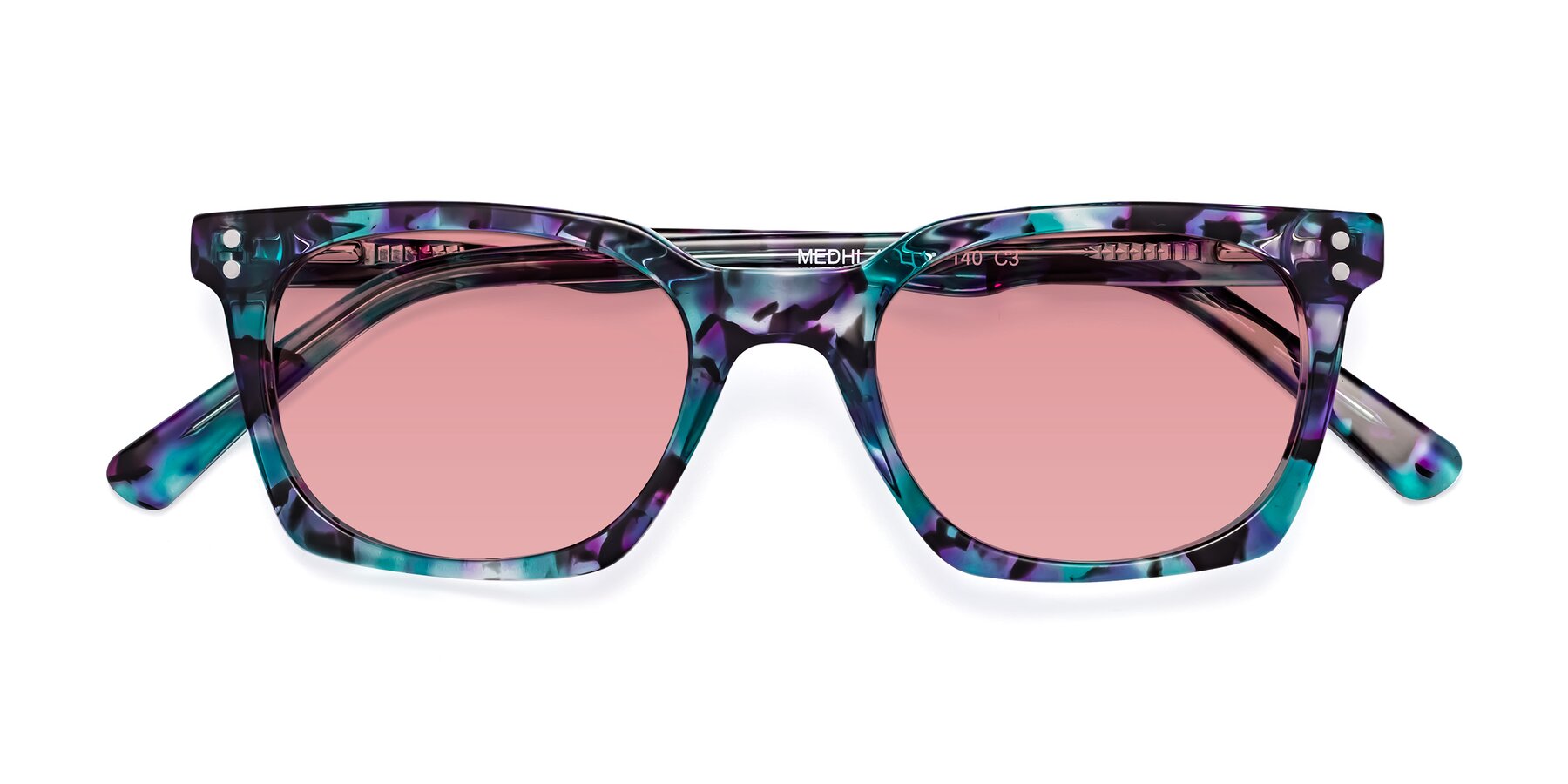 Folded Front of Medhi in Floral Blue with Medium Garnet Tinted Lenses