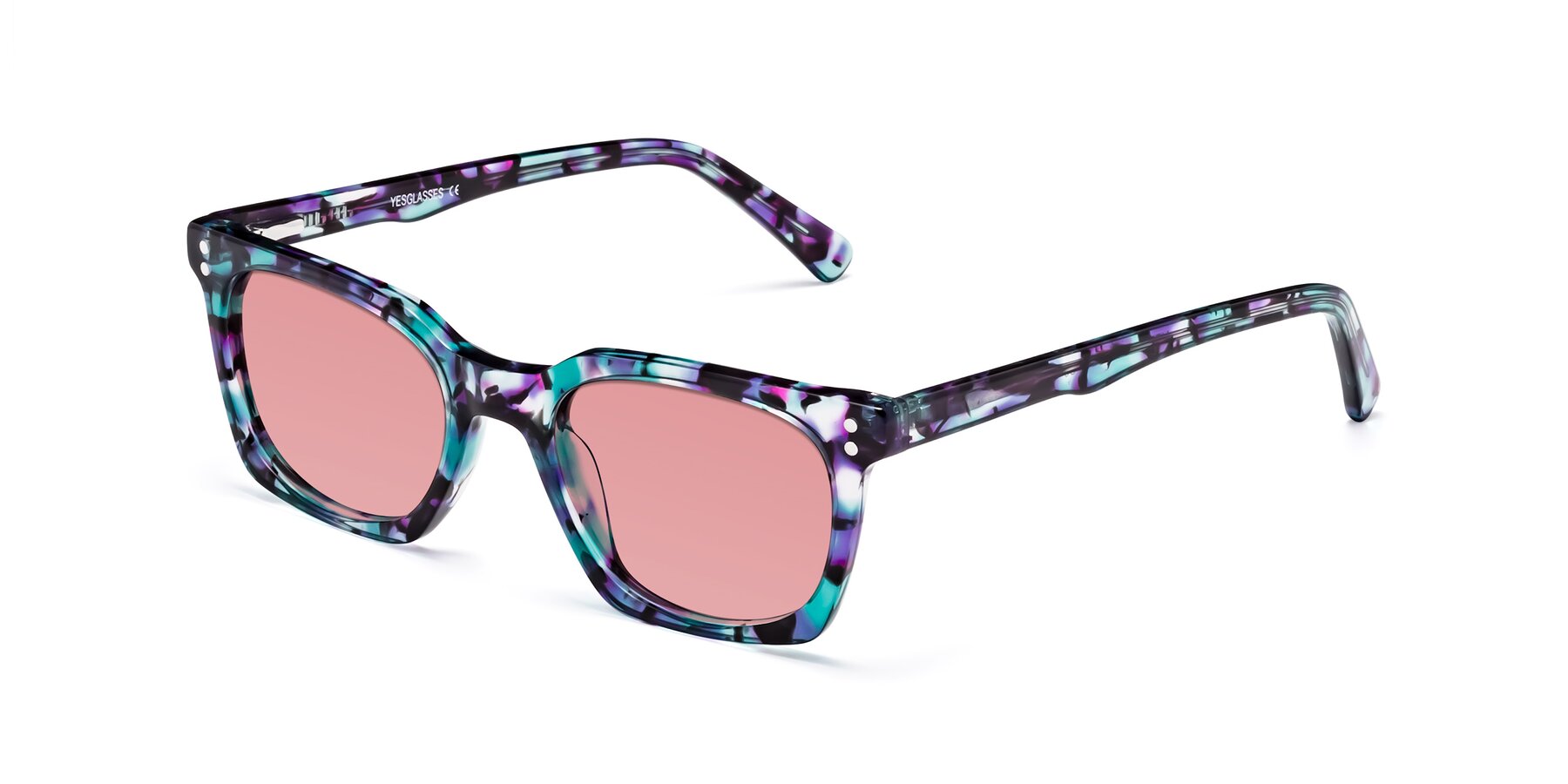 Angle of Medhi in Floral Blue with Medium Garnet Tinted Lenses