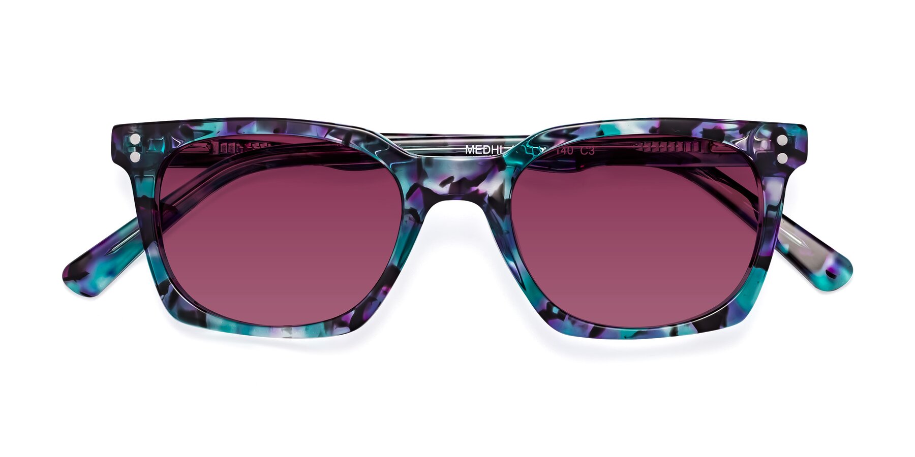 Folded Front of Medhi in Floral Blue with Wine Tinted Lenses