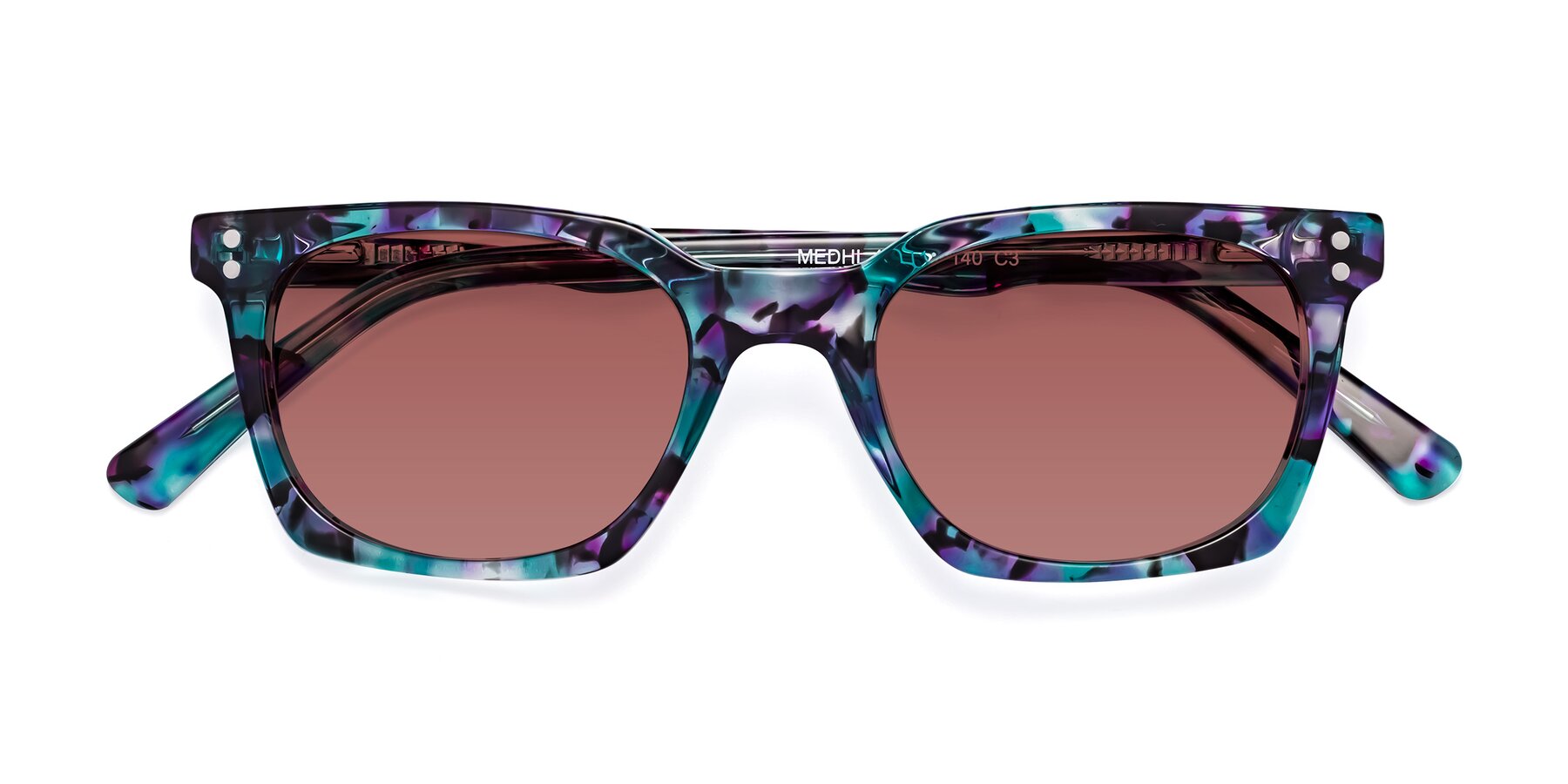 Folded Front of Medhi in Floral Blue with Garnet Tinted Lenses