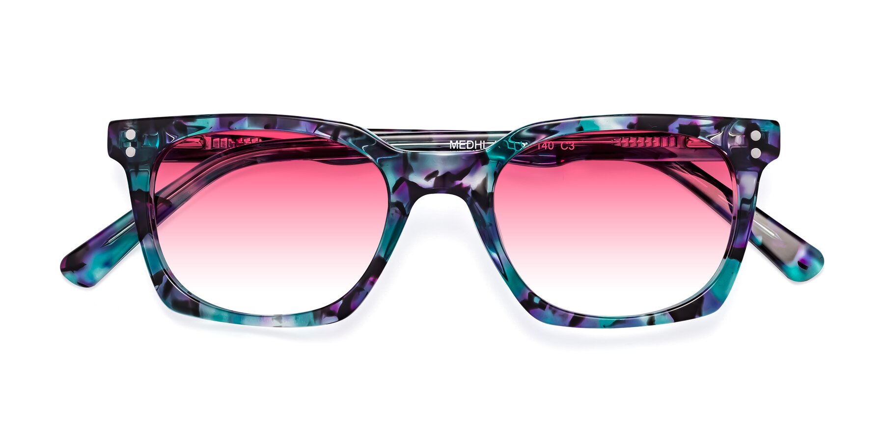 Folded Front of Medhi in Floral Blue with Pink Gradient Lenses