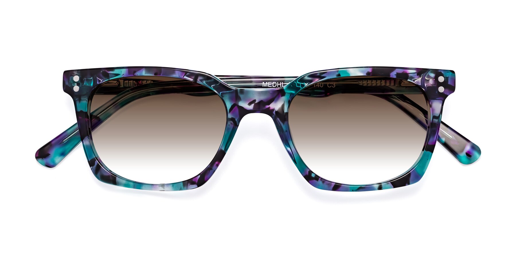 Folded Front of Medhi in Floral Blue with Brown Gradient Lenses