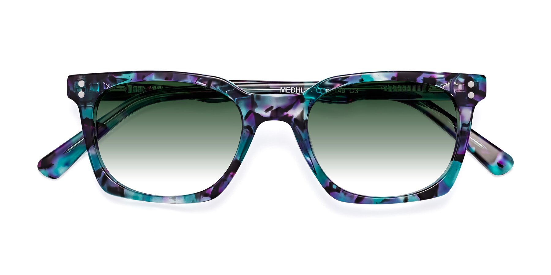 Folded Front of Medhi in Floral Blue with Green Gradient Lenses