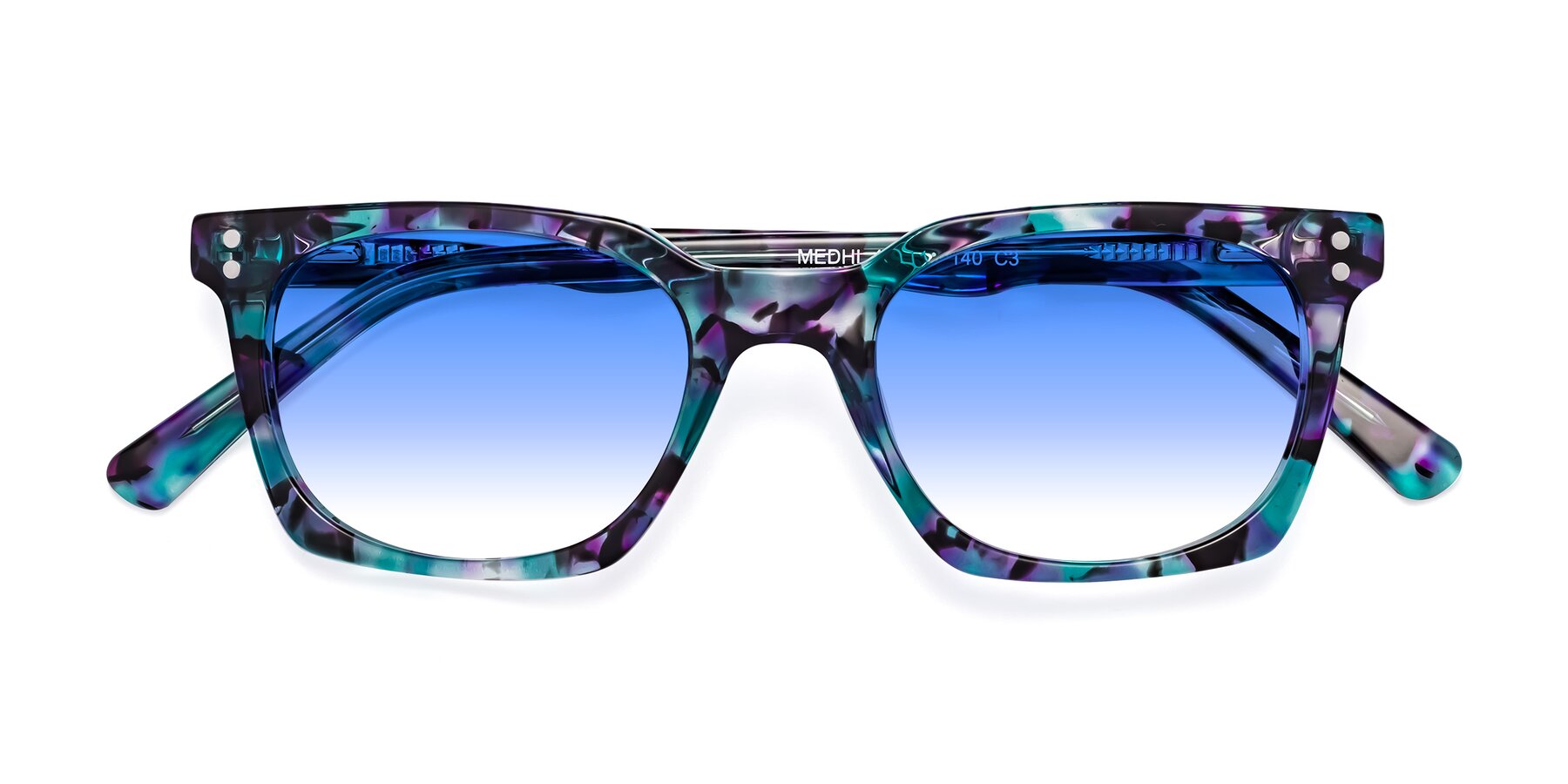 Folded Front of Medhi in Floral Blue with Blue Gradient Lenses