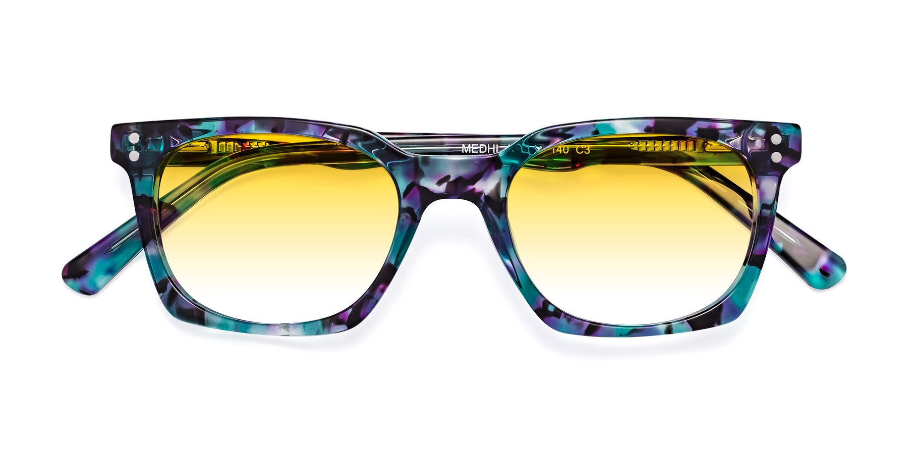 Folded Front of Medhi in Floral Blue with Yellow Gradient Lenses