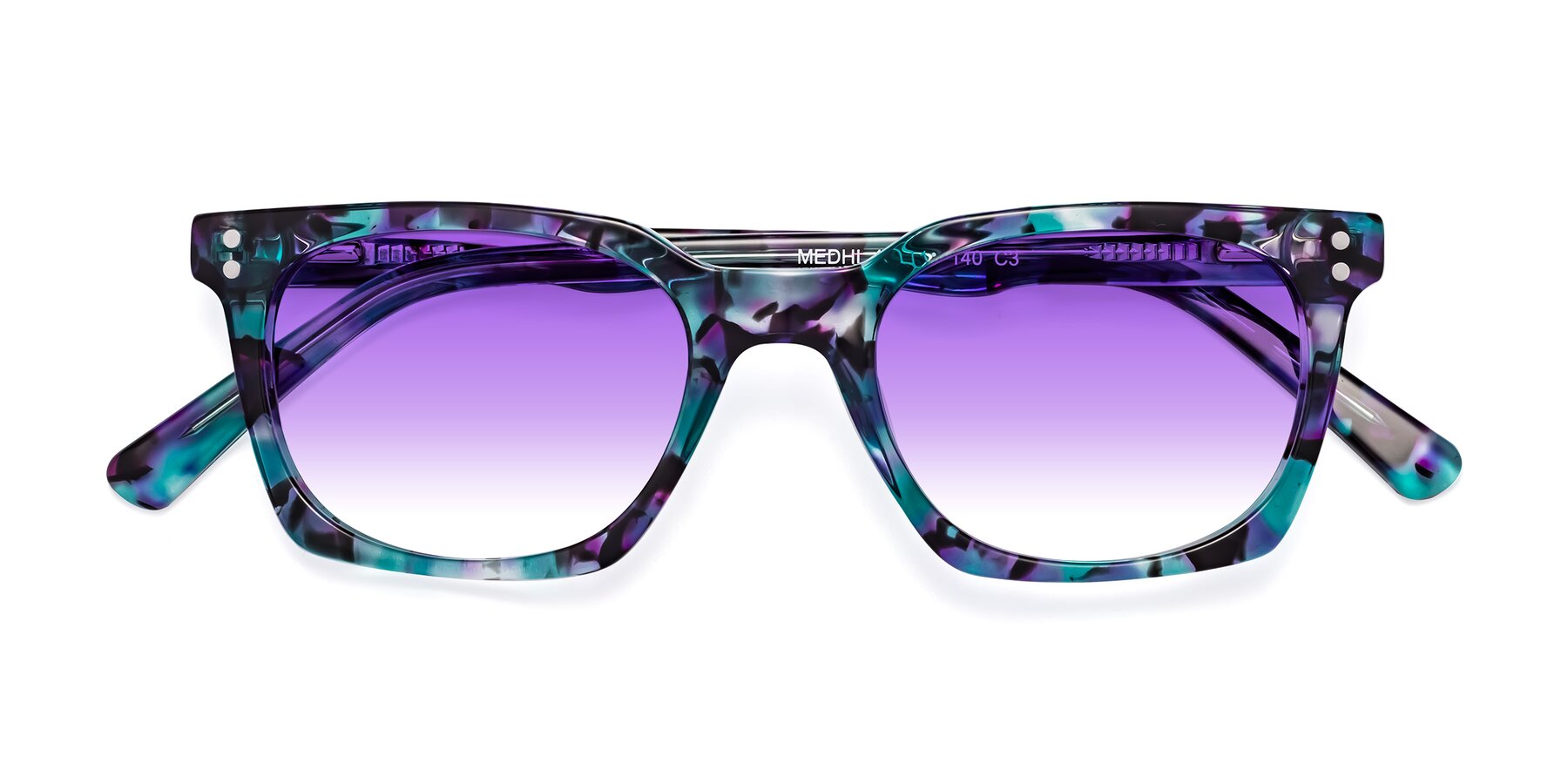 Folded Front of Medhi in Floral Blue with Purple Gradient Lenses