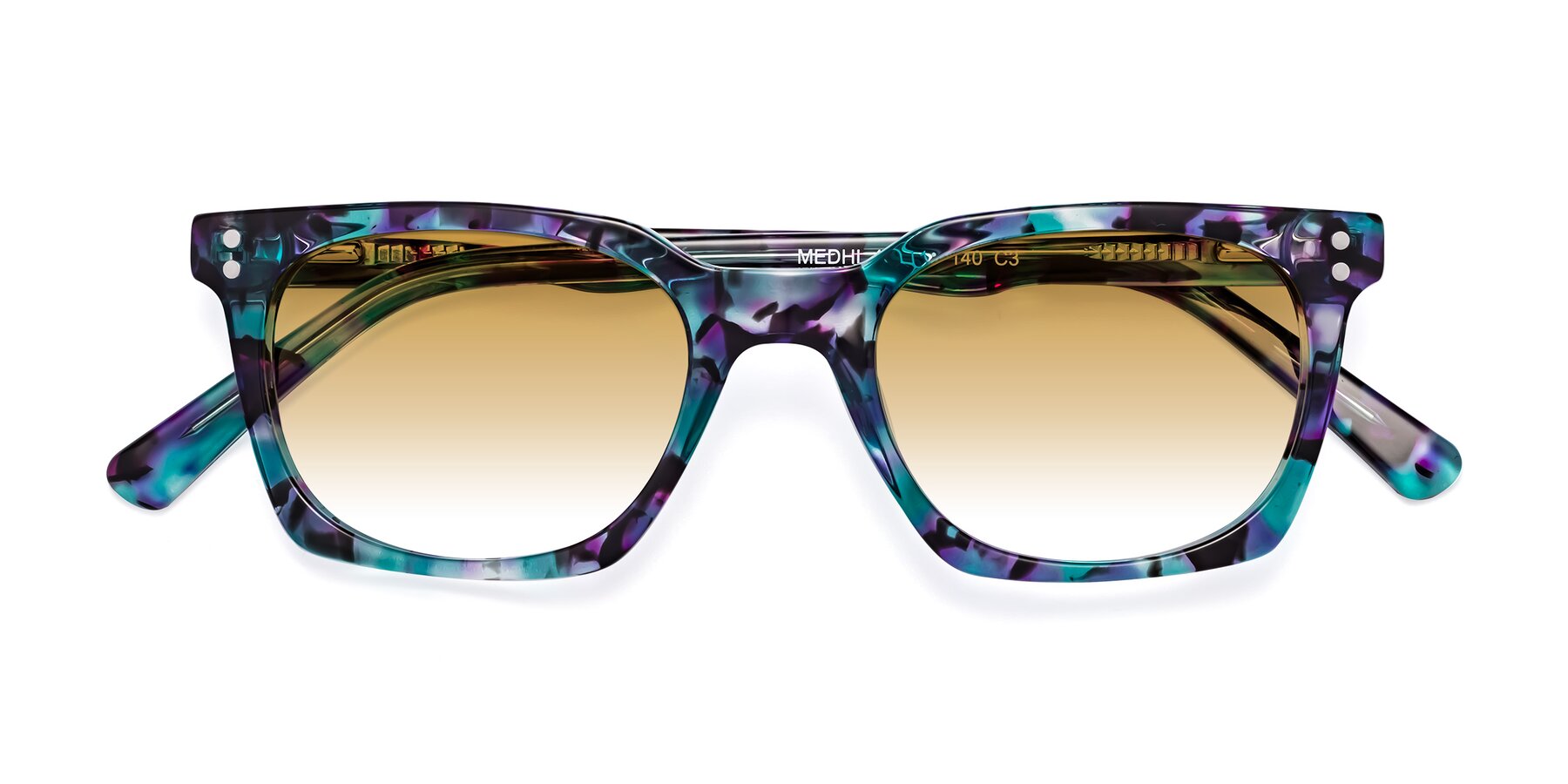 Folded Front of Medhi in Floral Blue with Champagne Gradient Lenses