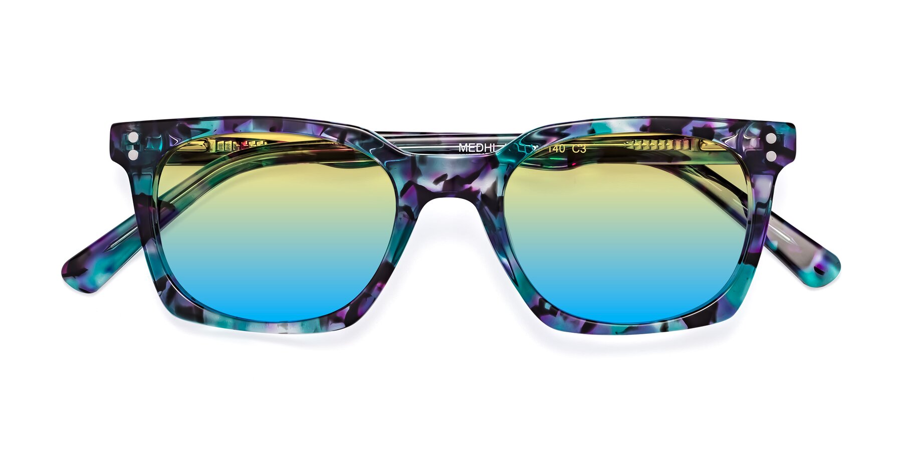 Folded Front of Medhi in Floral Blue with Yellow / Blue Gradient Lenses