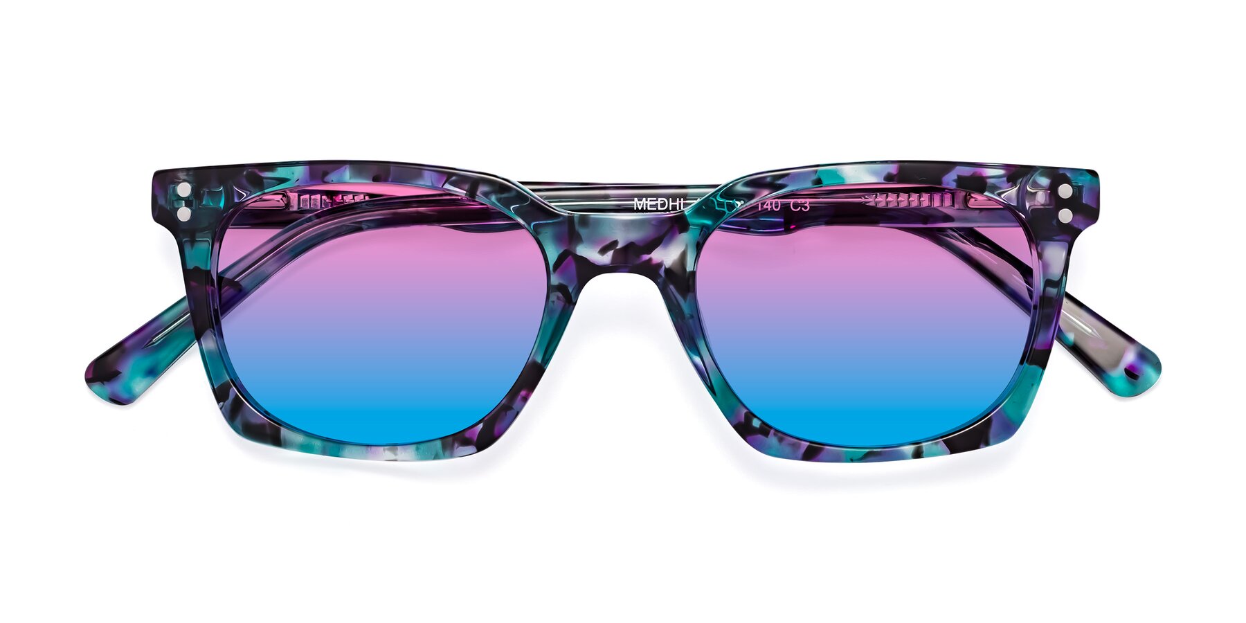 Folded Front of Medhi in Floral Blue with Pink / Blue Gradient Lenses