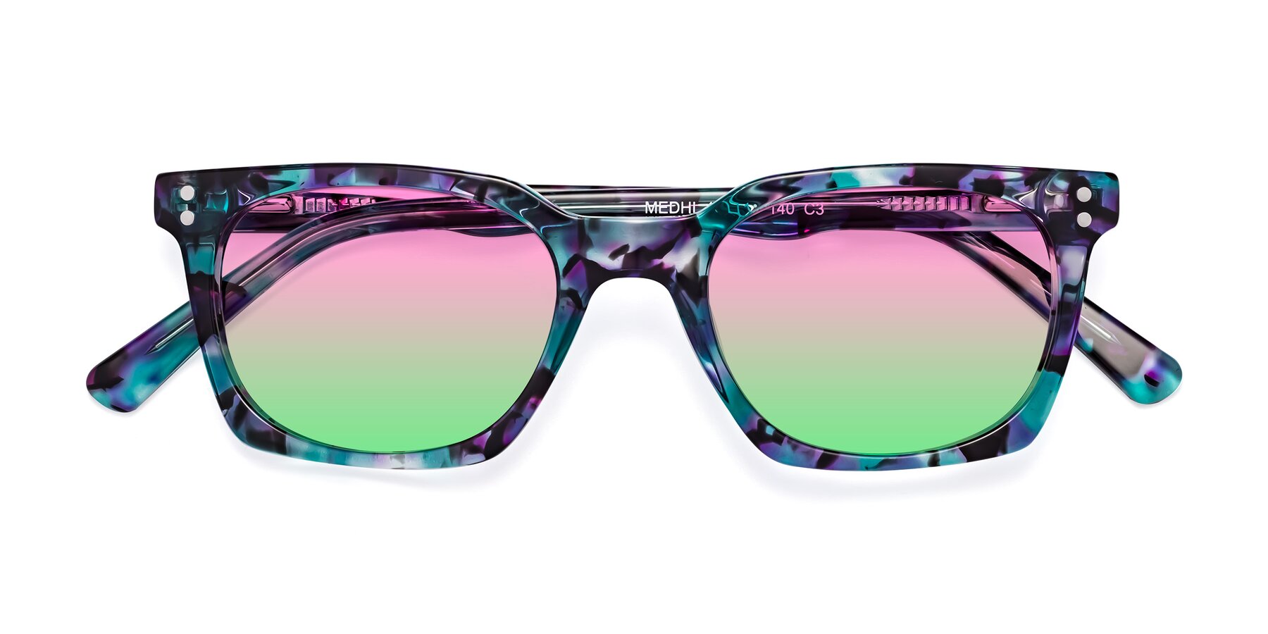 Folded Front of Medhi in Floral Blue with Pink / Green Gradient Lenses