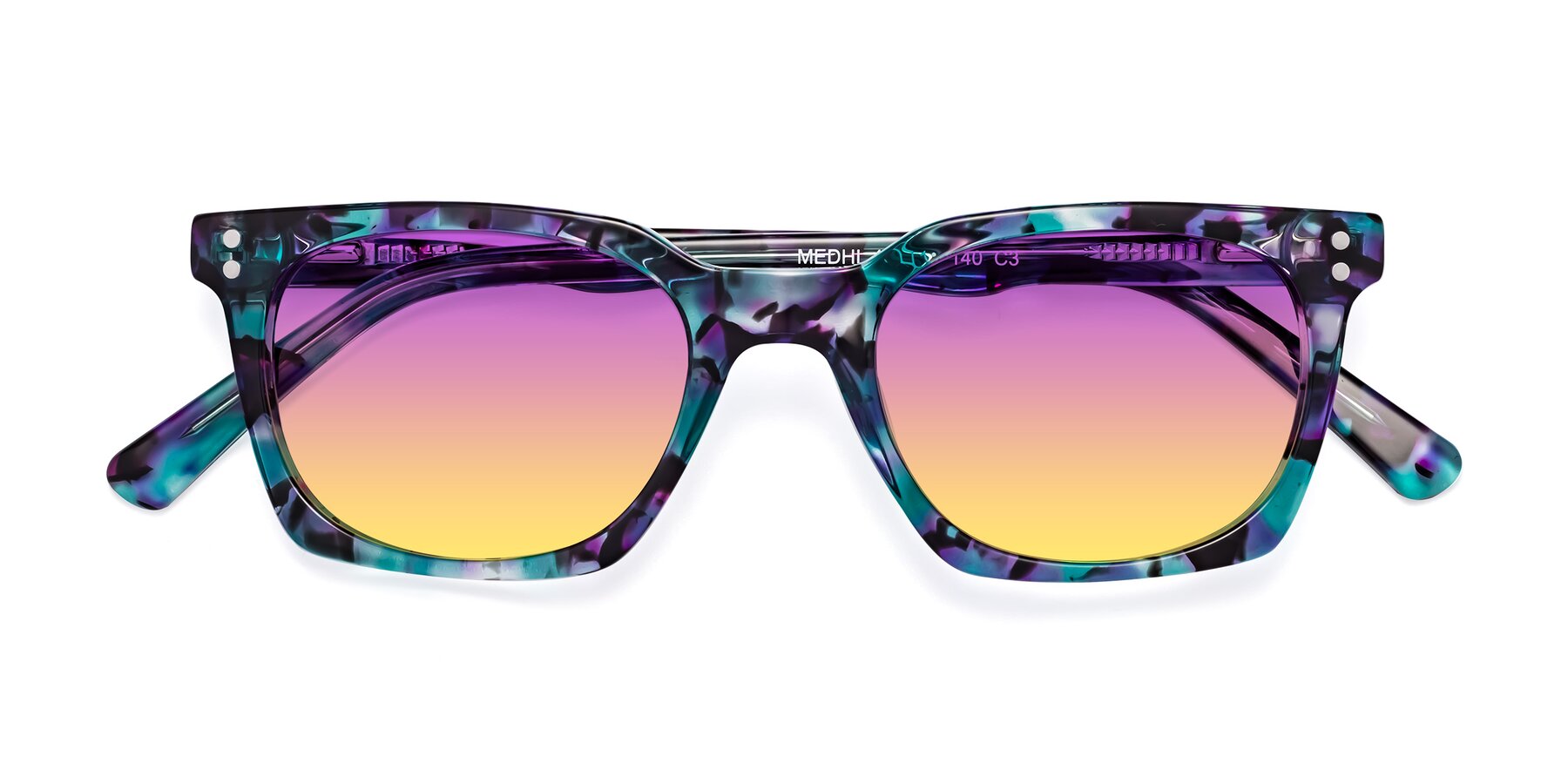 Folded Front of Medhi in Floral Blue with Purple / Yellow Gradient Lenses