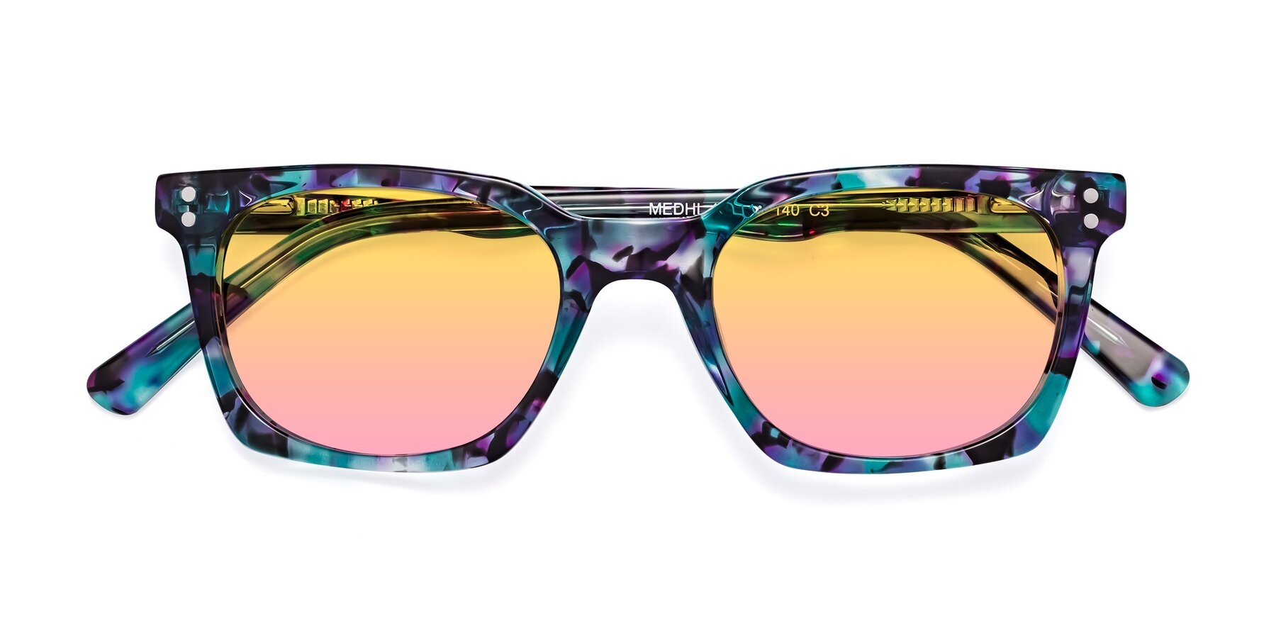 Folded Front of Medhi in Floral Blue with Yellow / Pink Gradient Lenses