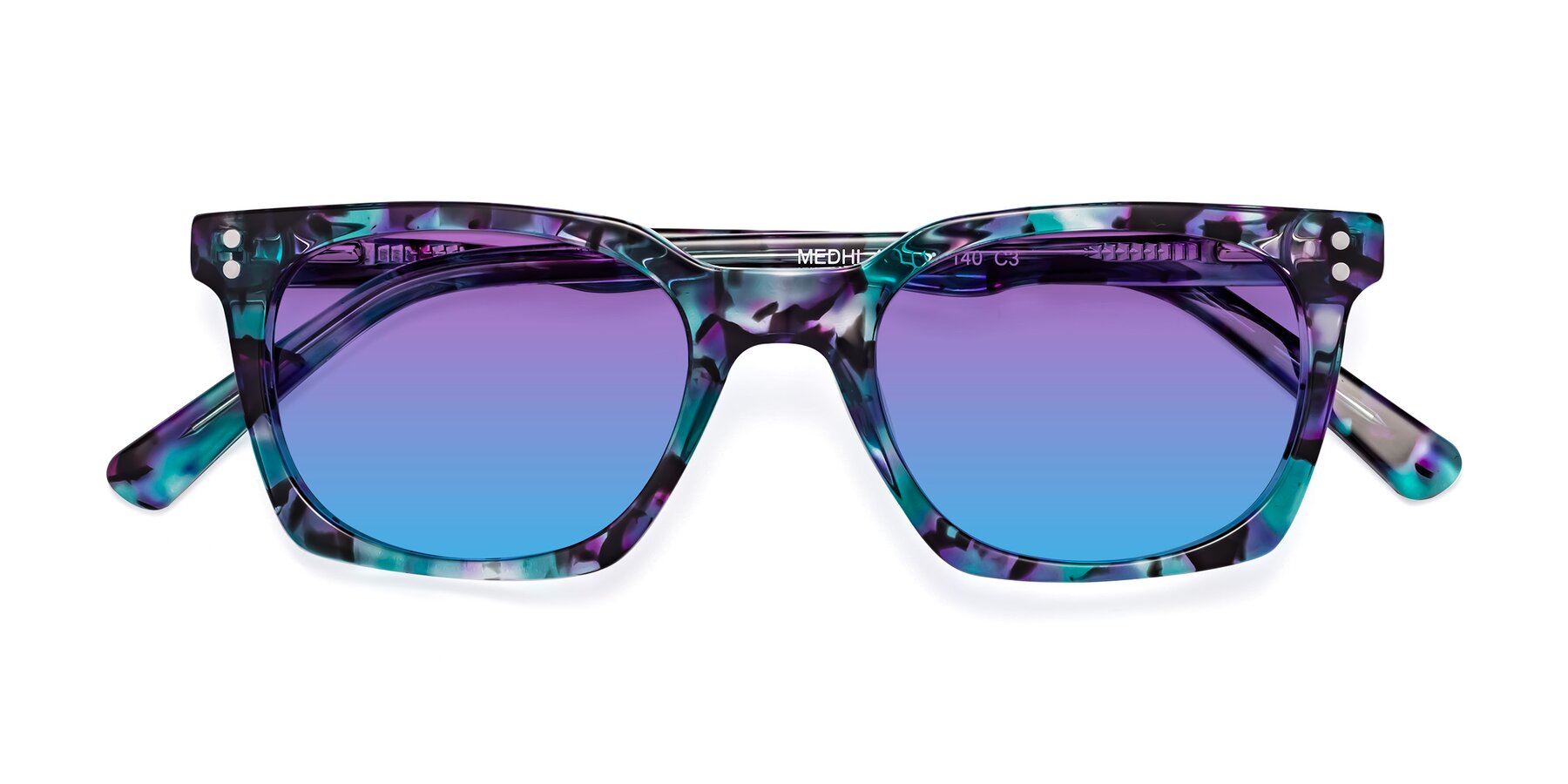 Folded Front of Medhi in Floral Blue with Purple / Blue Gradient Lenses