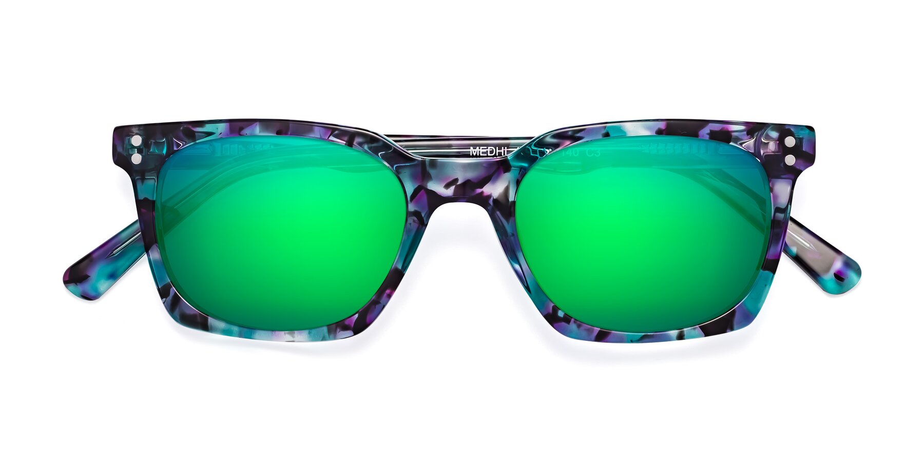 Folded Front of Medhi in Floral Blue with Green Mirrored Lenses