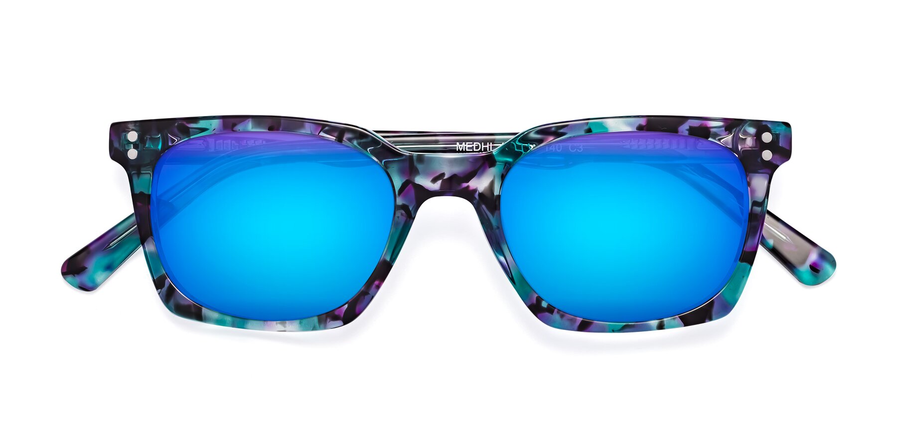 Folded Front of Medhi in Floral Blue with Blue Mirrored Lenses