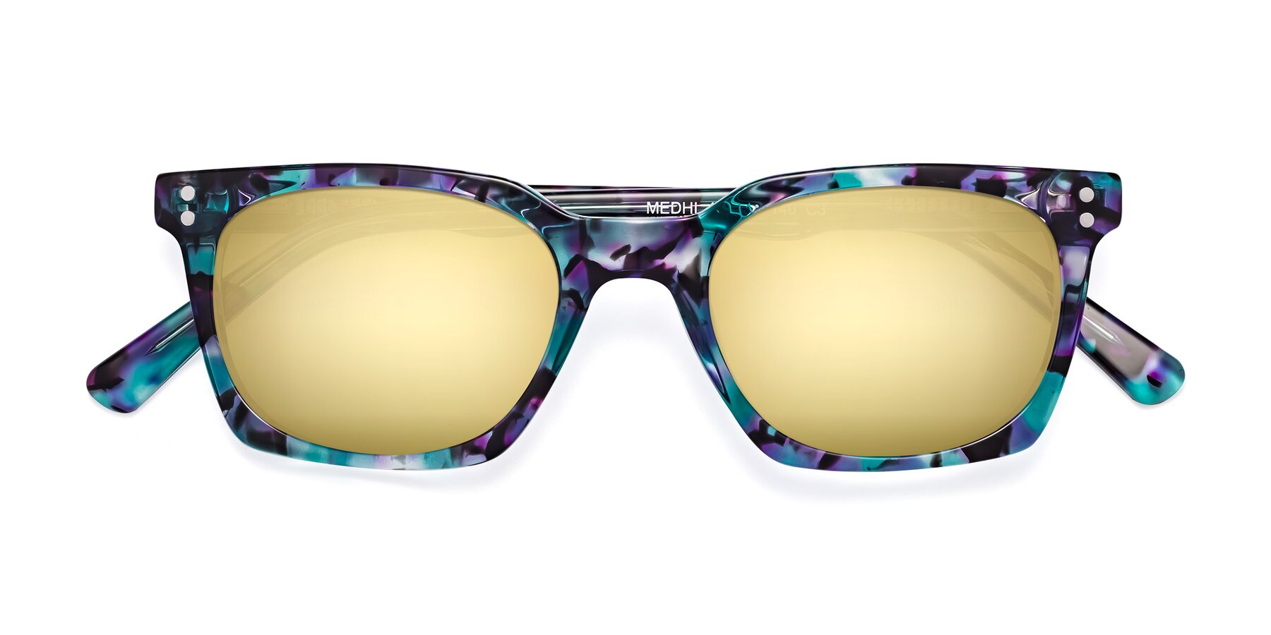 Folded Front of Medhi in Floral Blue with Gold Mirrored Lenses