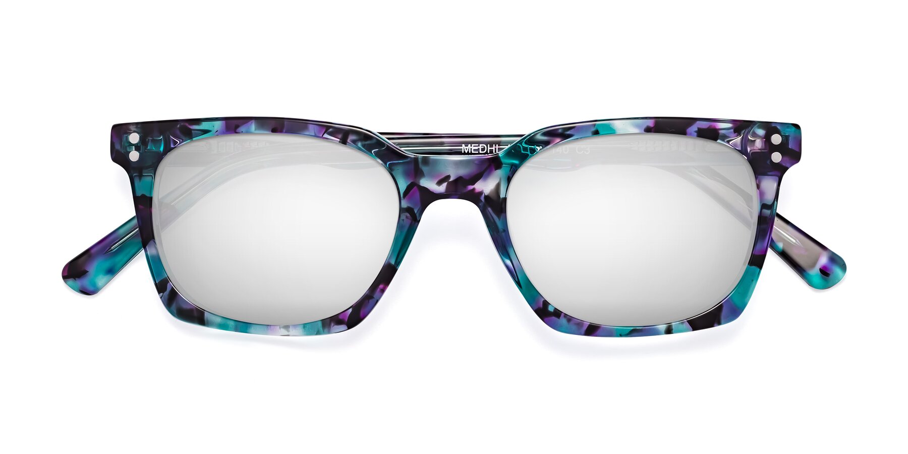 Folded Front of Medhi in Floral Blue with Silver Mirrored Lenses