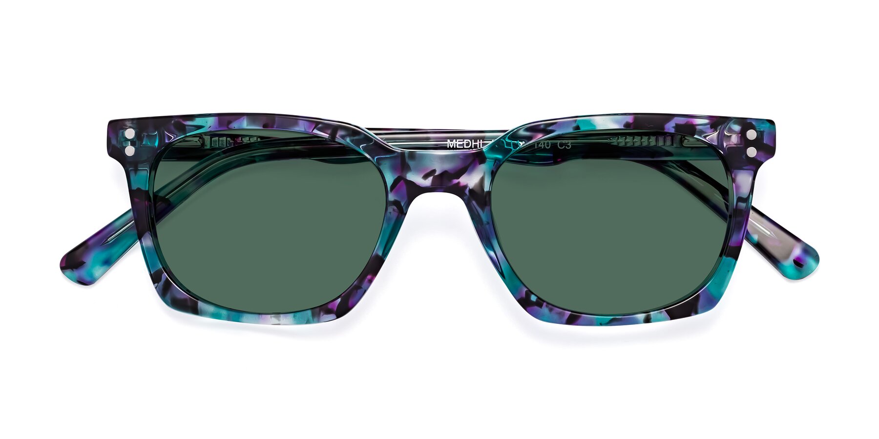 Folded Front of Medhi in Floral Blue with Green Polarized Lenses
