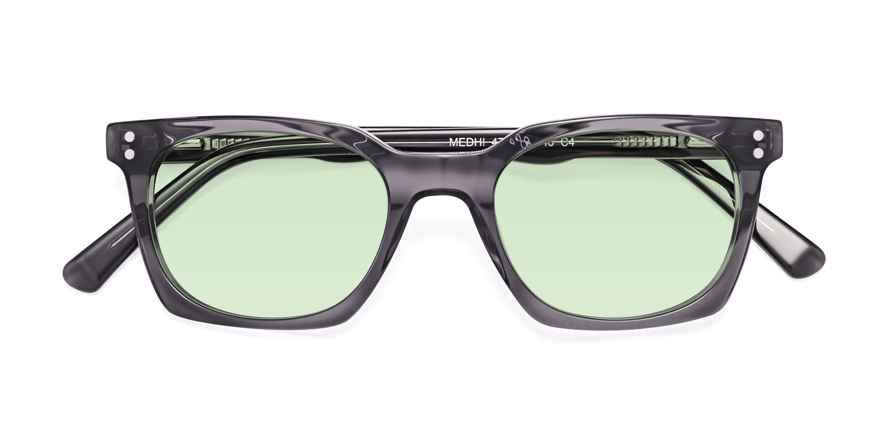 Folded Front of Medhi in Transparent Gray with Light Green Tinted Lenses