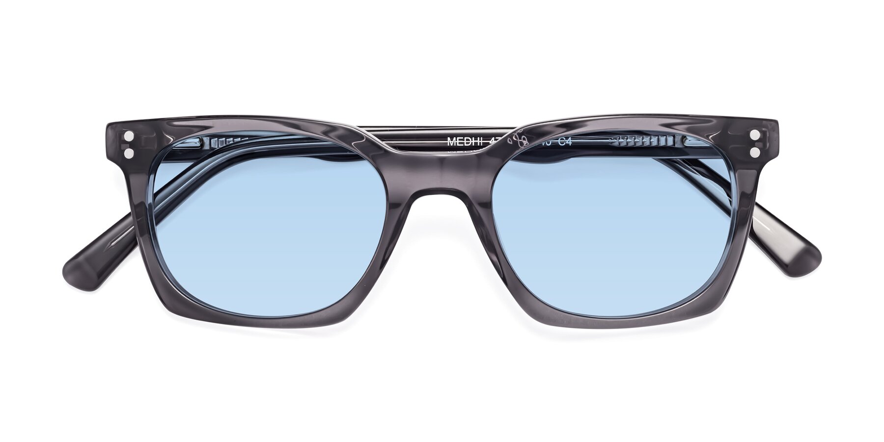 Folded Front of Medhi in Transparent Gray with Light Blue Tinted Lenses