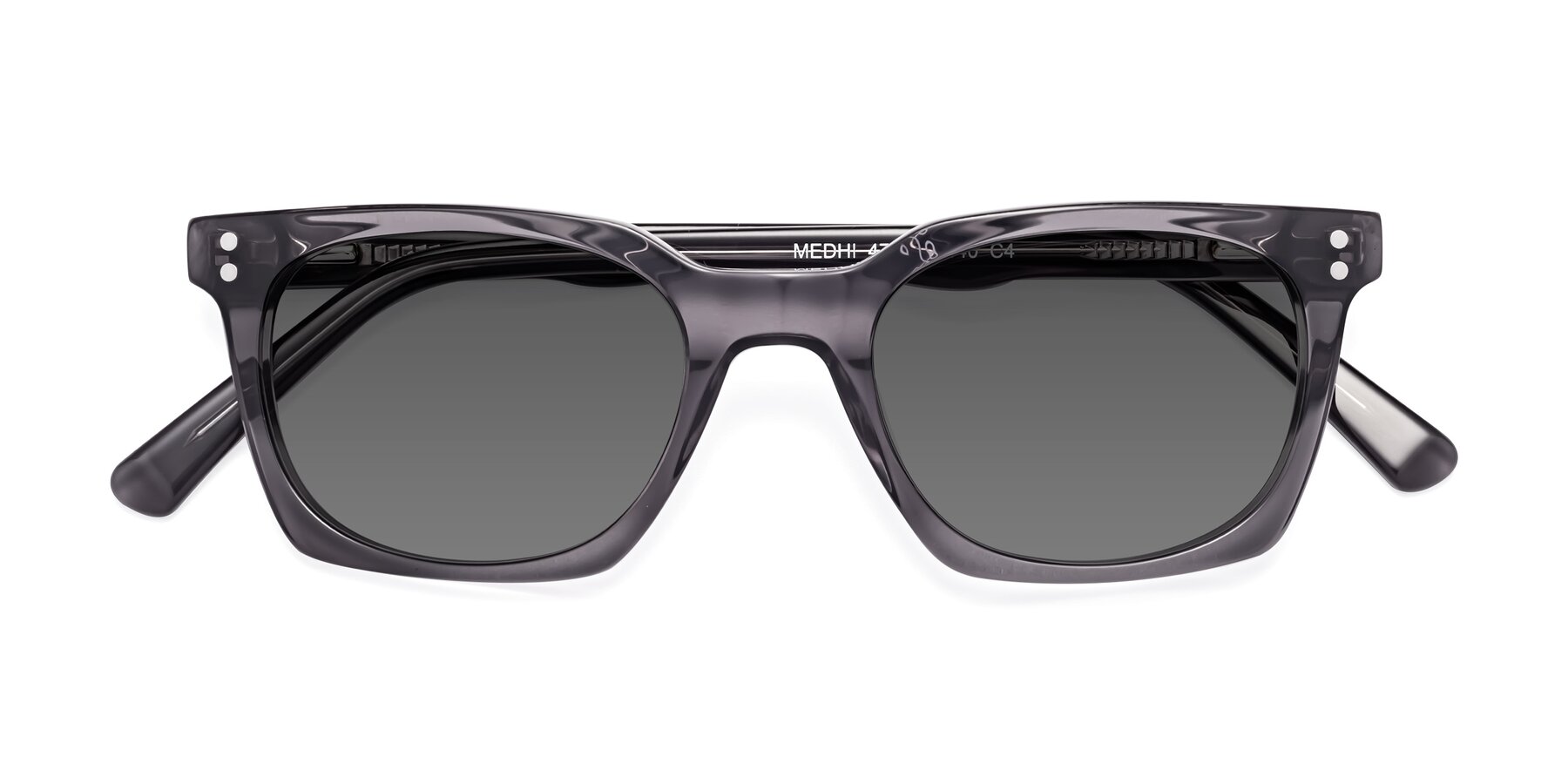Folded Front of Medhi in Transparent Gray with Medium Gray Tinted Lenses