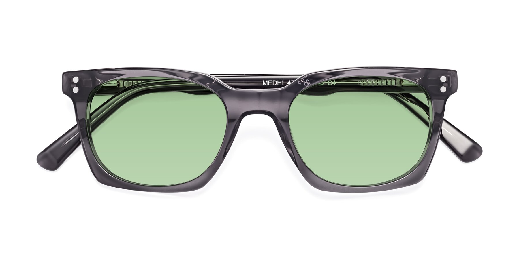 Folded Front of Medhi in Transparent Gray with Medium Green Tinted Lenses