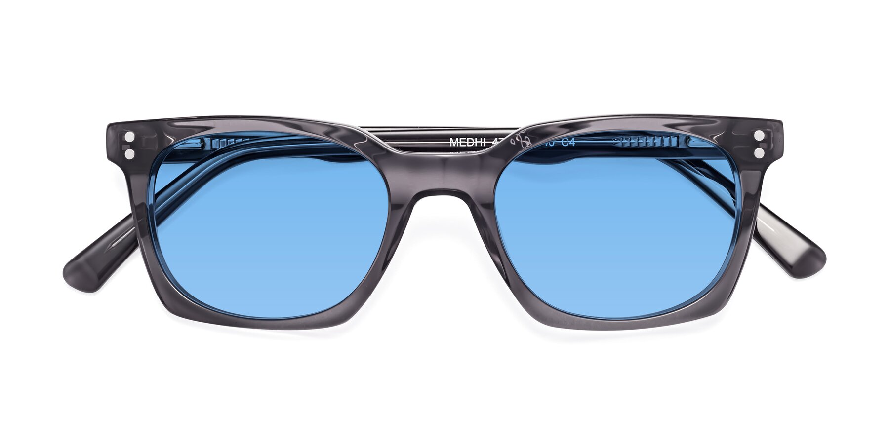 Folded Front of Medhi in Transparent Gray with Medium Blue Tinted Lenses