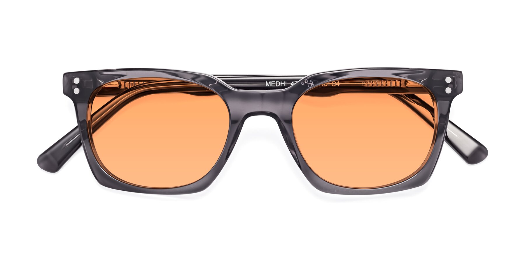 Folded Front of Medhi in Transparent Gray with Medium Orange Tinted Lenses