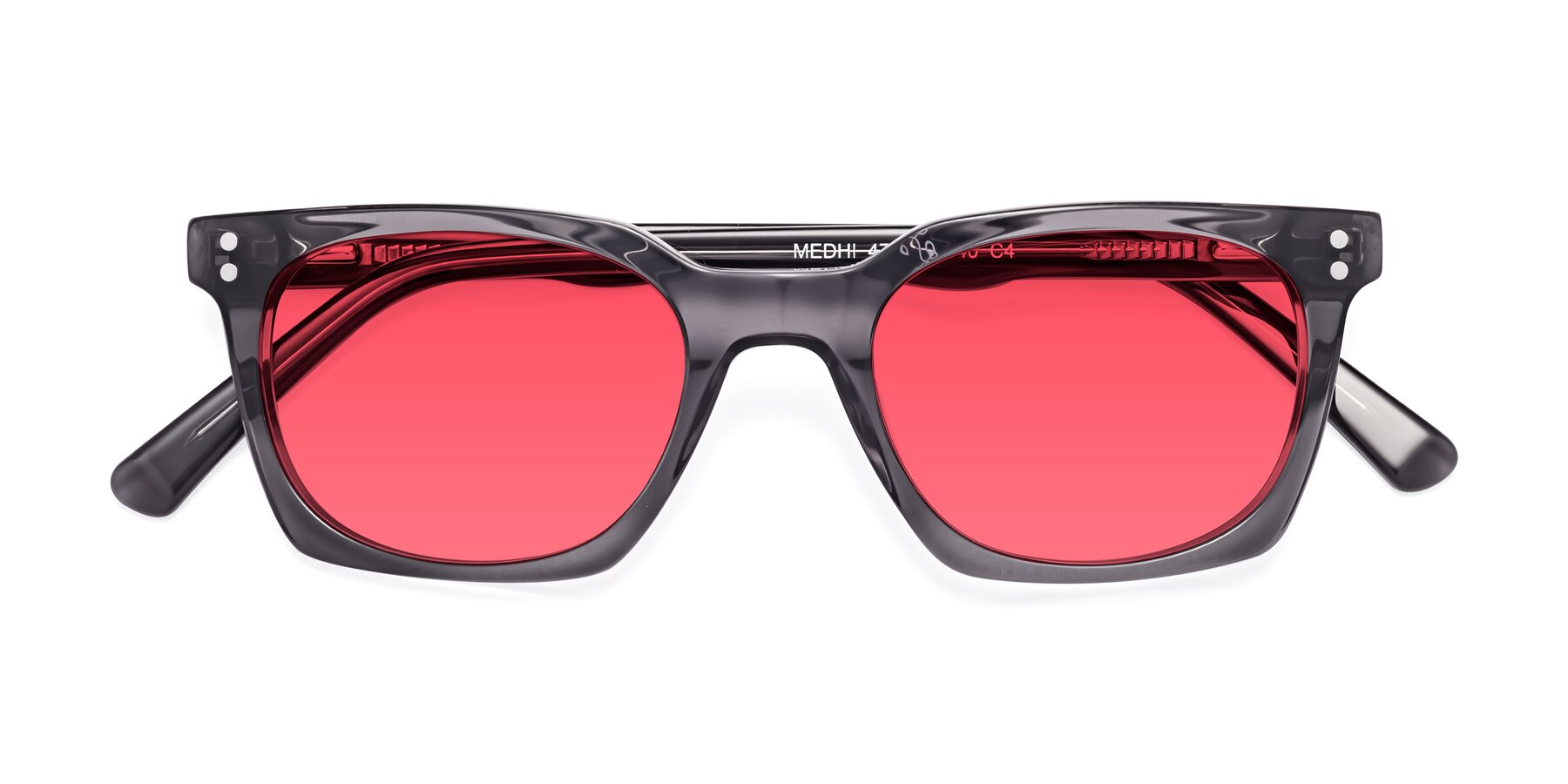 Folded Front of Medhi in Transparent Gray with Red Tinted Lenses