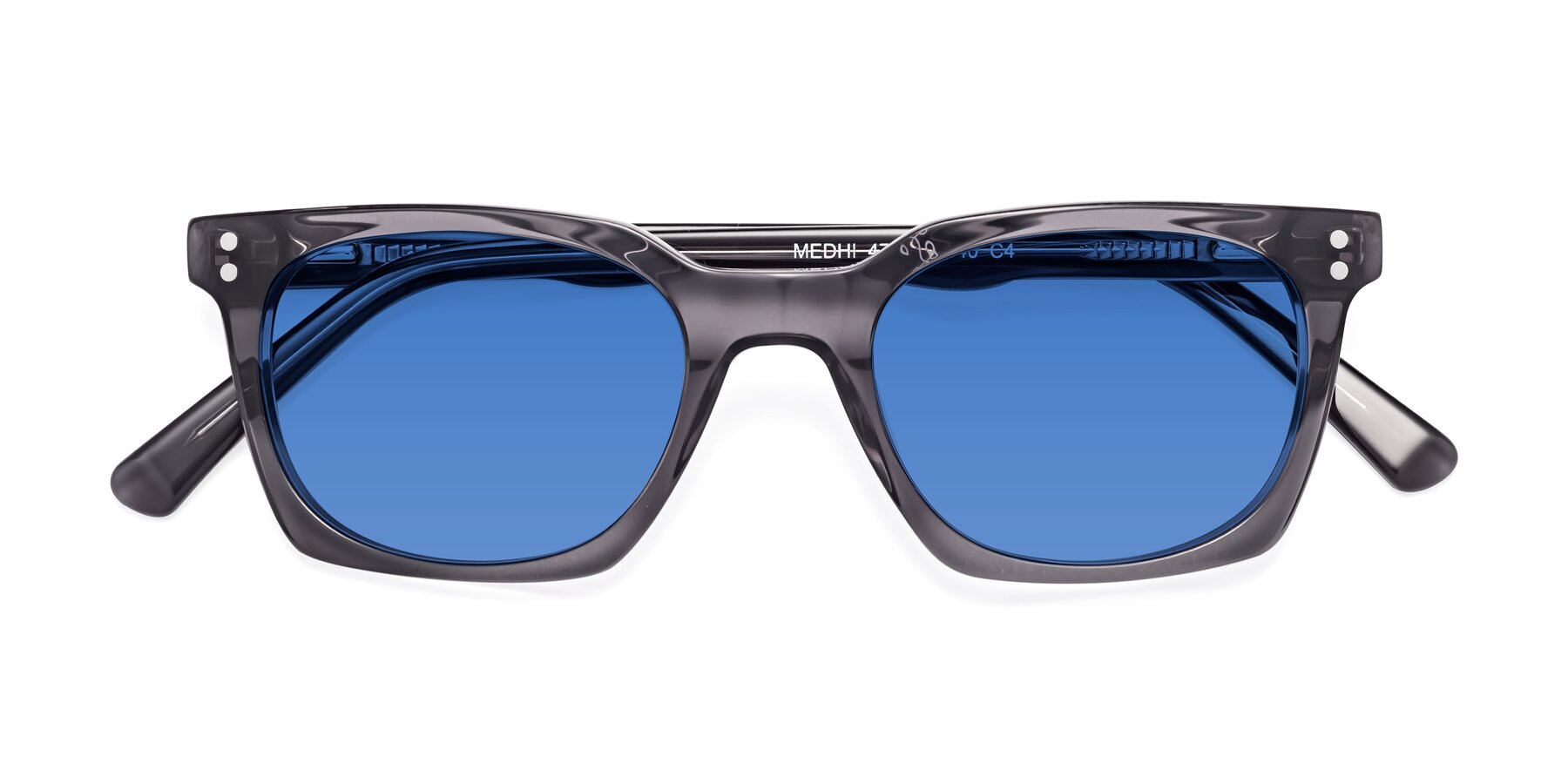 Folded Front of Medhi in Transparent Gray with Blue Tinted Lenses