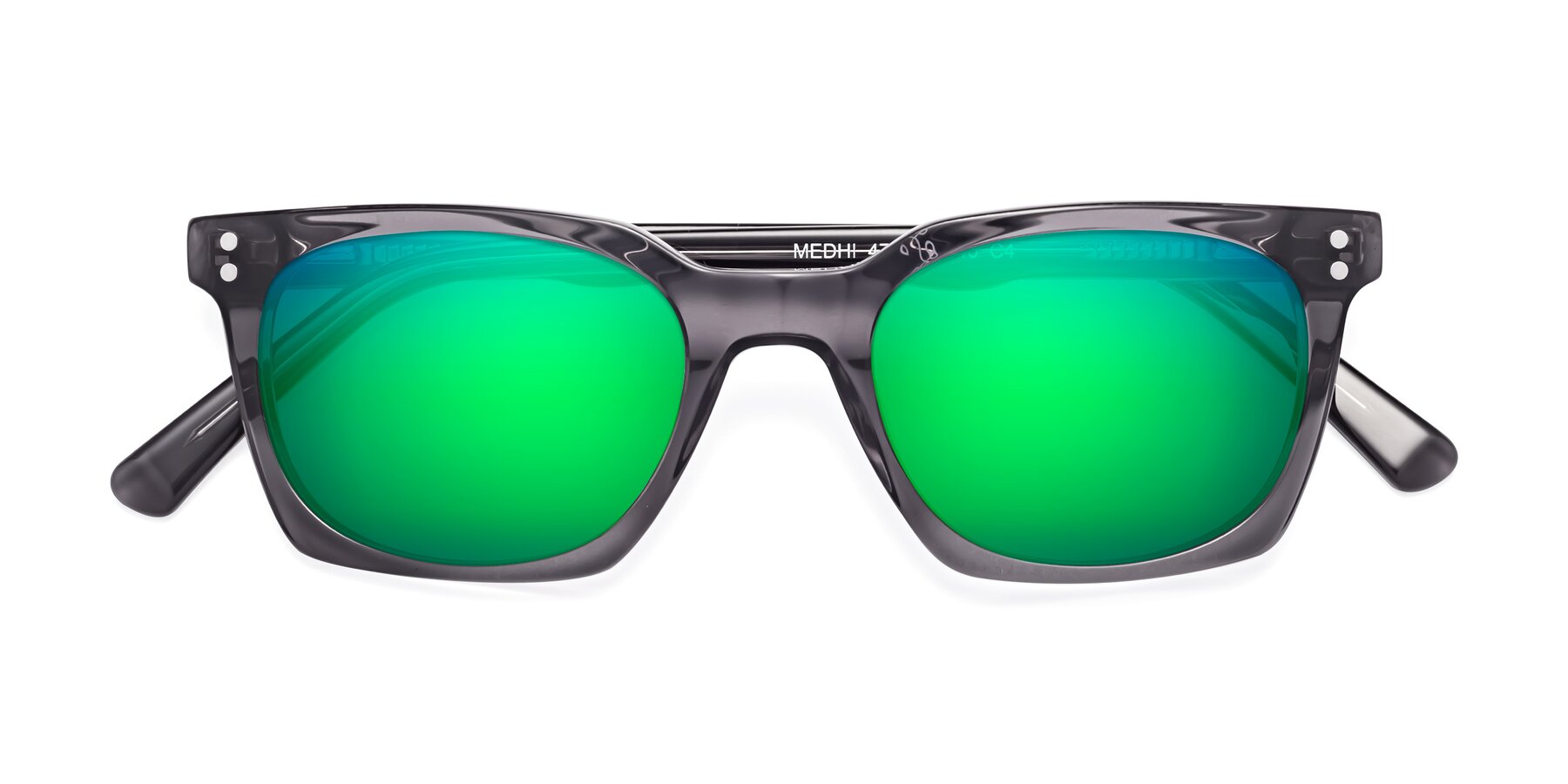 Folded Front of Medhi in Transparent Gray with Green Mirrored Lenses