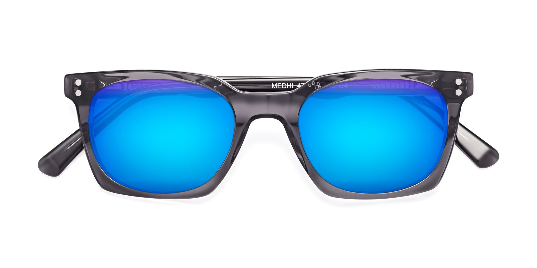 Folded Front of Medhi in Transparent Gray with Blue Mirrored Lenses