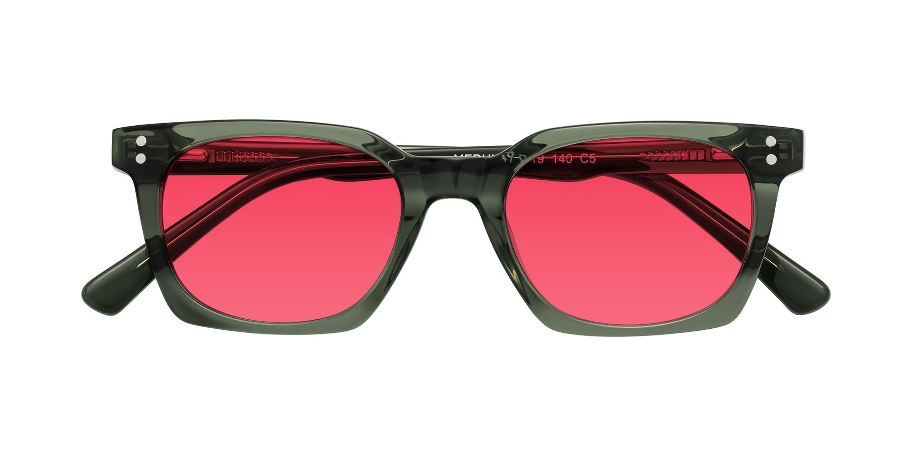 Folded Front of Medhi in Grayish Green with Red Tinted Lenses