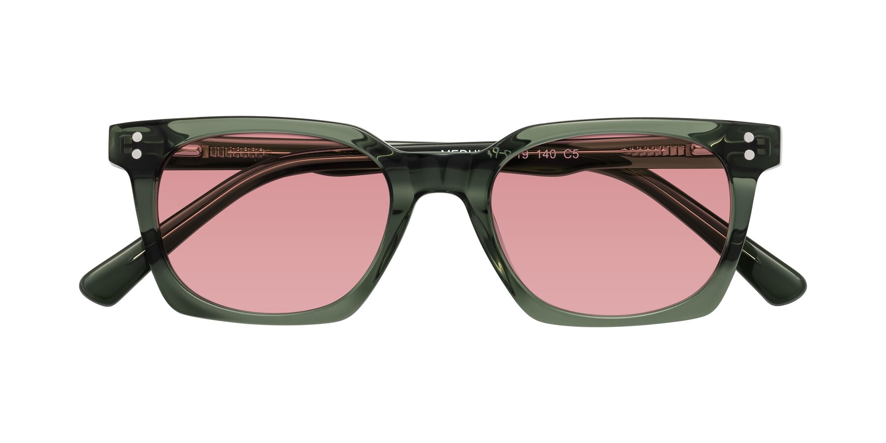 Folded Front of Medhi in Grayish Green with Medium Garnet Tinted Lenses