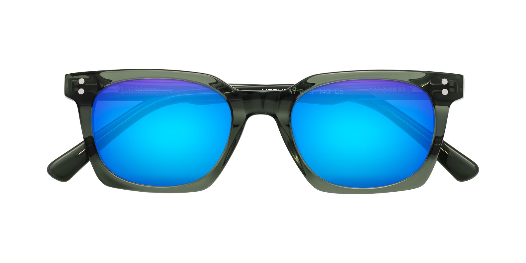 Folded Front of Medhi in Grayish Green with Blue Mirrored Lenses