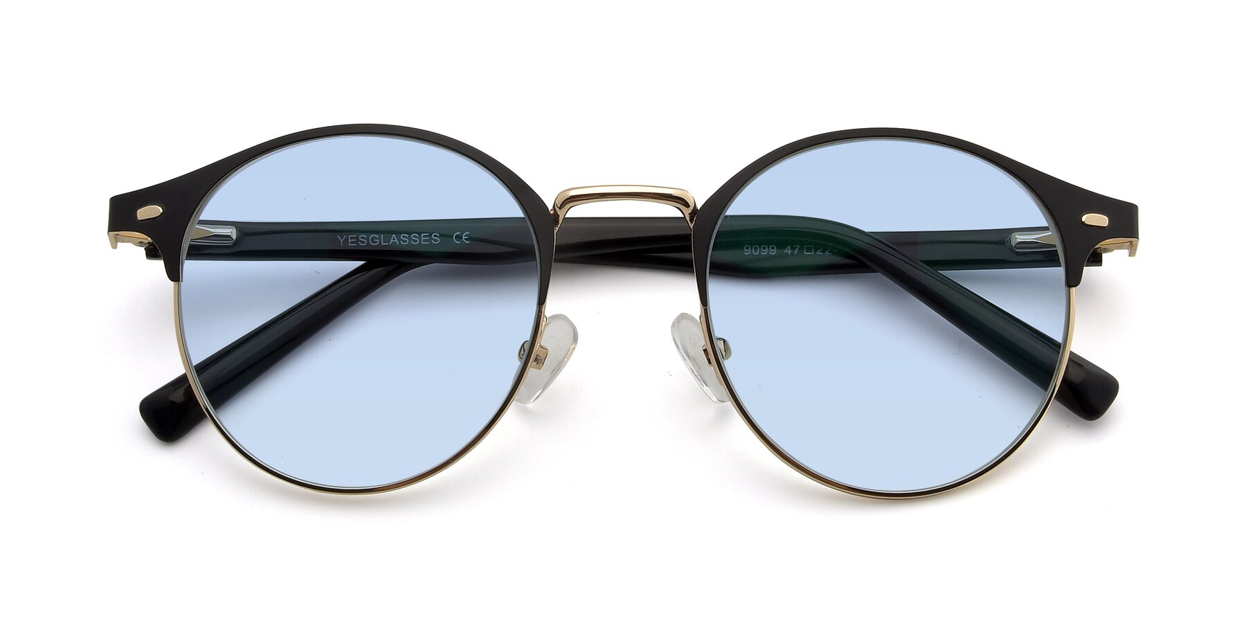 Folded Front of 9099 in Black-Gold with Light Blue Tinted Lenses