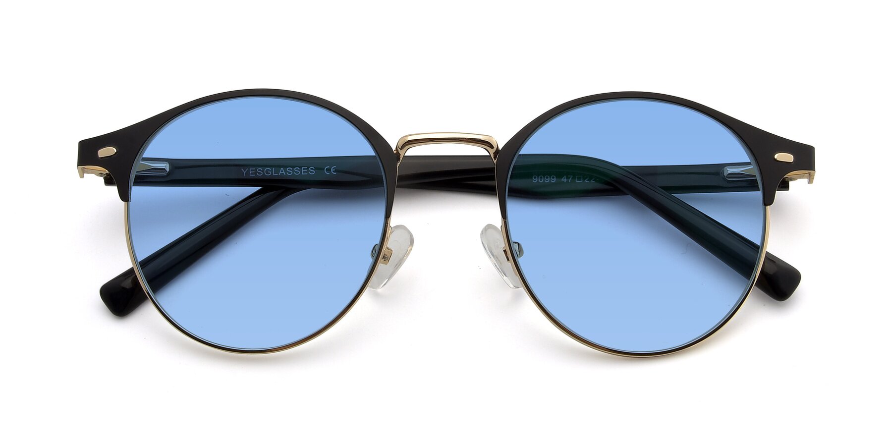 Folded Front of 9099 in Black-Gold with Medium Blue Tinted Lenses