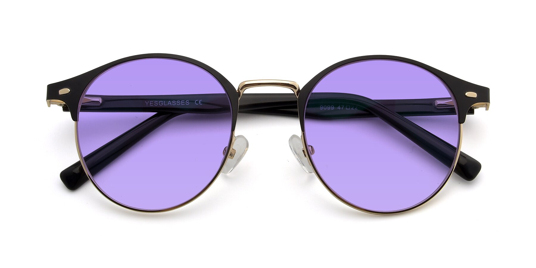 Folded Front of 9099 in Black-Gold with Medium Purple Tinted Lenses
