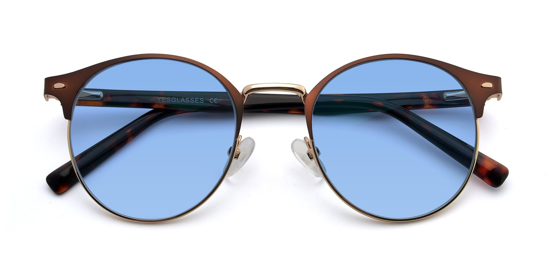 Folded Front of 9099 in Brown-Gold with Medium Blue Tinted Lenses
