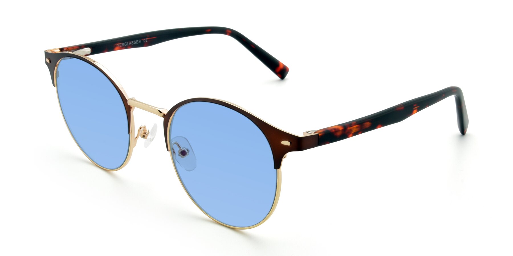 Angle of 9099 in Brown-Gold with Medium Blue Tinted Lenses