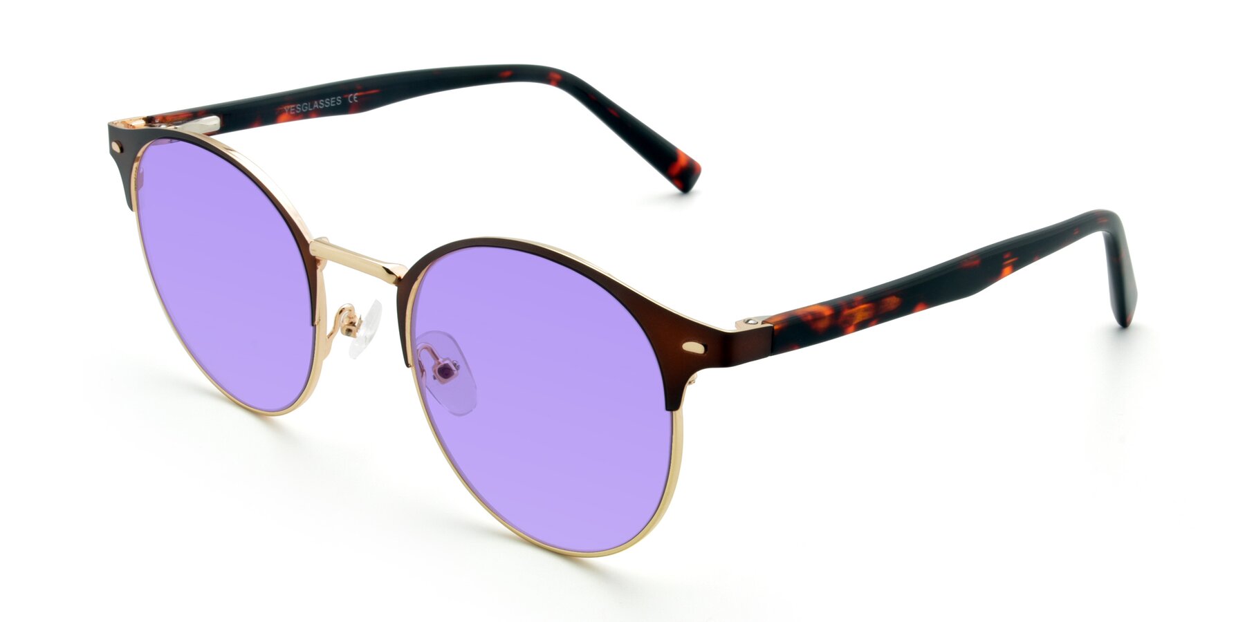 Angle of 9099 in Brown-Gold with Medium Purple Tinted Lenses