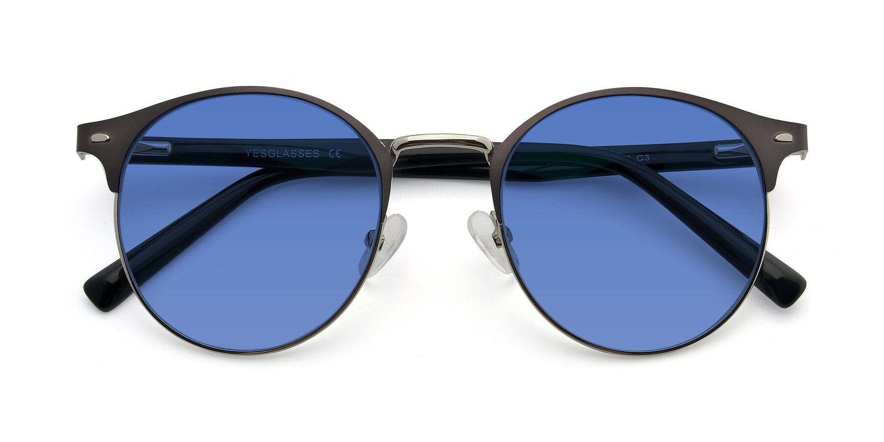 Gray-Silver Oversized Metal Round Tinted Sunglasses with Blue Sunwear  Lenses - 9099