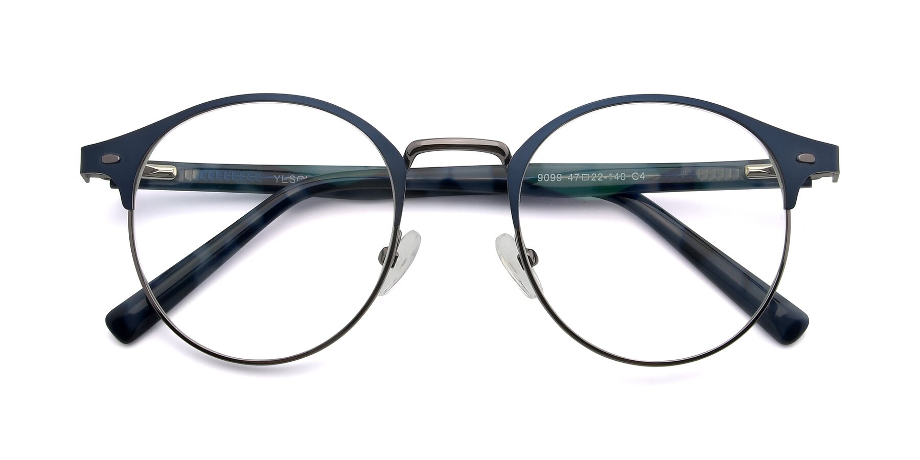 Folded Front of 9099 in Blue-Gunmetal with Clear Eyeglass Lenses