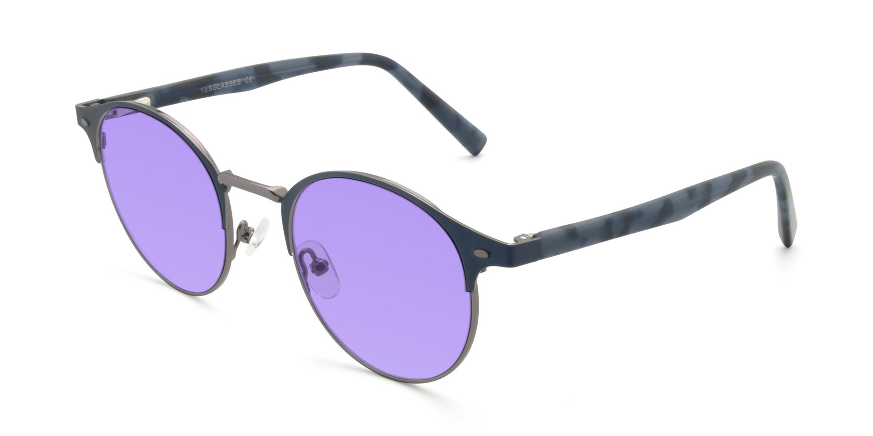 Angle of 9099 in Blue-Gunmetal with Medium Purple Tinted Lenses